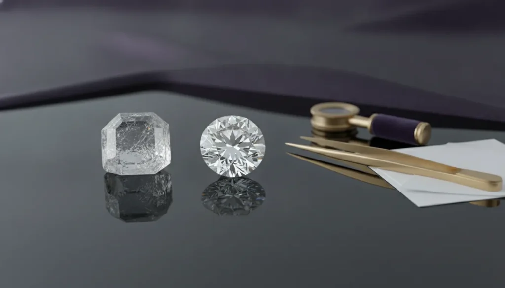 Natural rough diamond crystals of mixed sizes on white sorting paper beside gold tweezers and a loupe, Shreeji Diamond