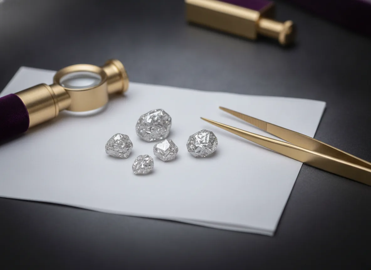 Natural rough diamond crystals of mixed sizes on white sorting paper beside gold tweezers and a loupe, Shreeji Diamond