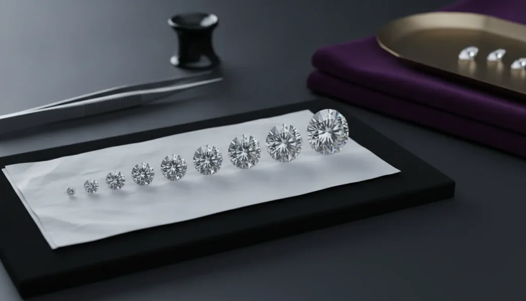 Calibrated round diamonds laid out from small to larger sizes on stone paper beside tweezers and a loupe, a studio render illustrating small diamond prices for Shreeji Diamond