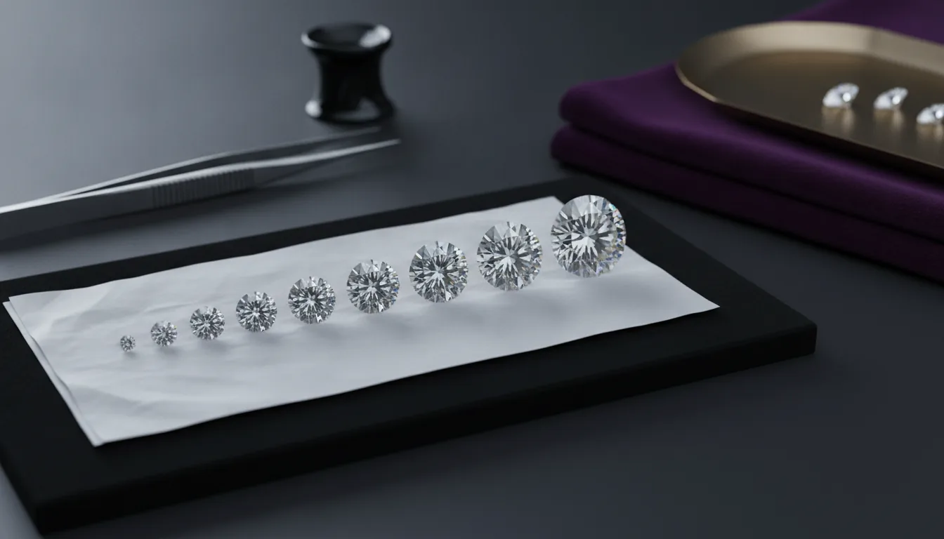 Calibrated round diamonds laid out from small to larger sizes on stone paper beside tweezers and a loupe, a studio render illustrating small diamond prices for Shreeji Diamond