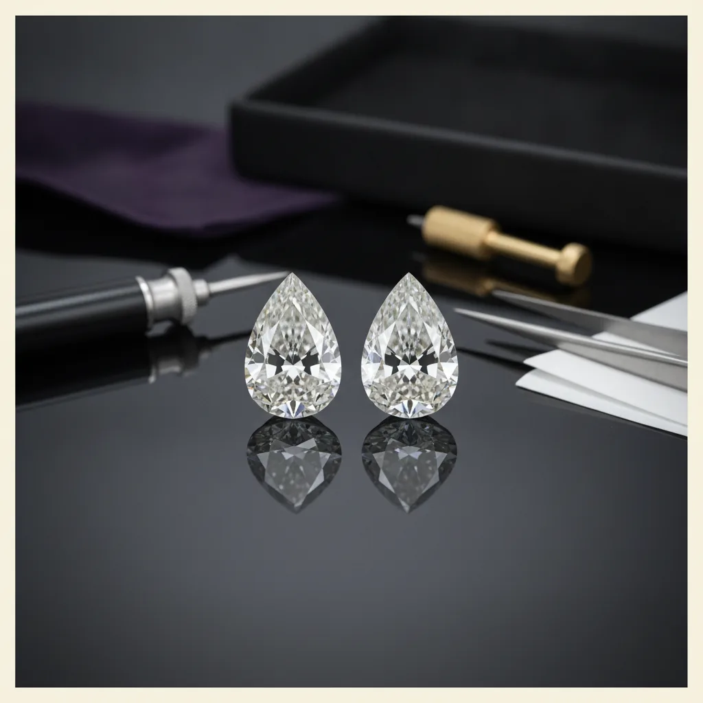 A matched pair of loose Pear-shaped diamonds on a dark reflective surface with tweezers and stone paper