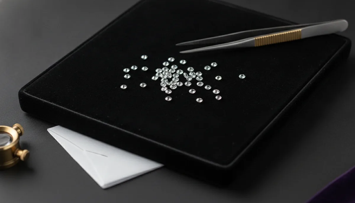 A parcel of small round melee diamonds spread on a black velvet sorting tray with tweezers, loupe and stone paper